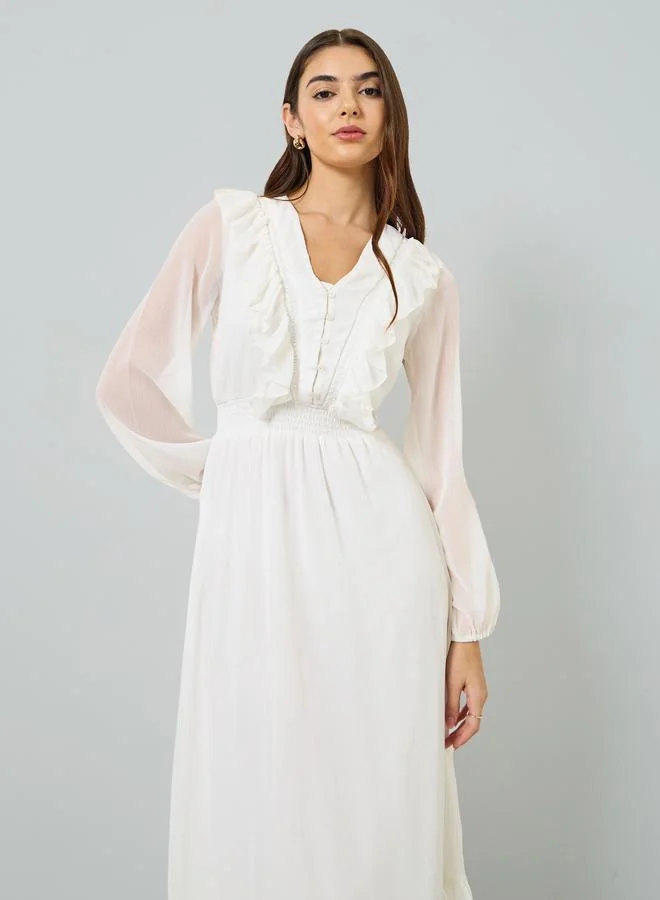 Styli Women White Ruffled A-Line Midi Dress